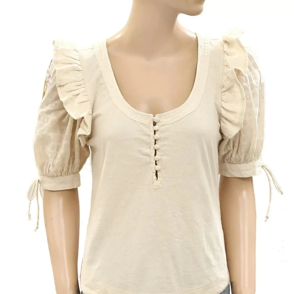 By Anthropologie Floral Embroidered Puff-Sleeve Blouse Top Ruffle XSP NWT 274108